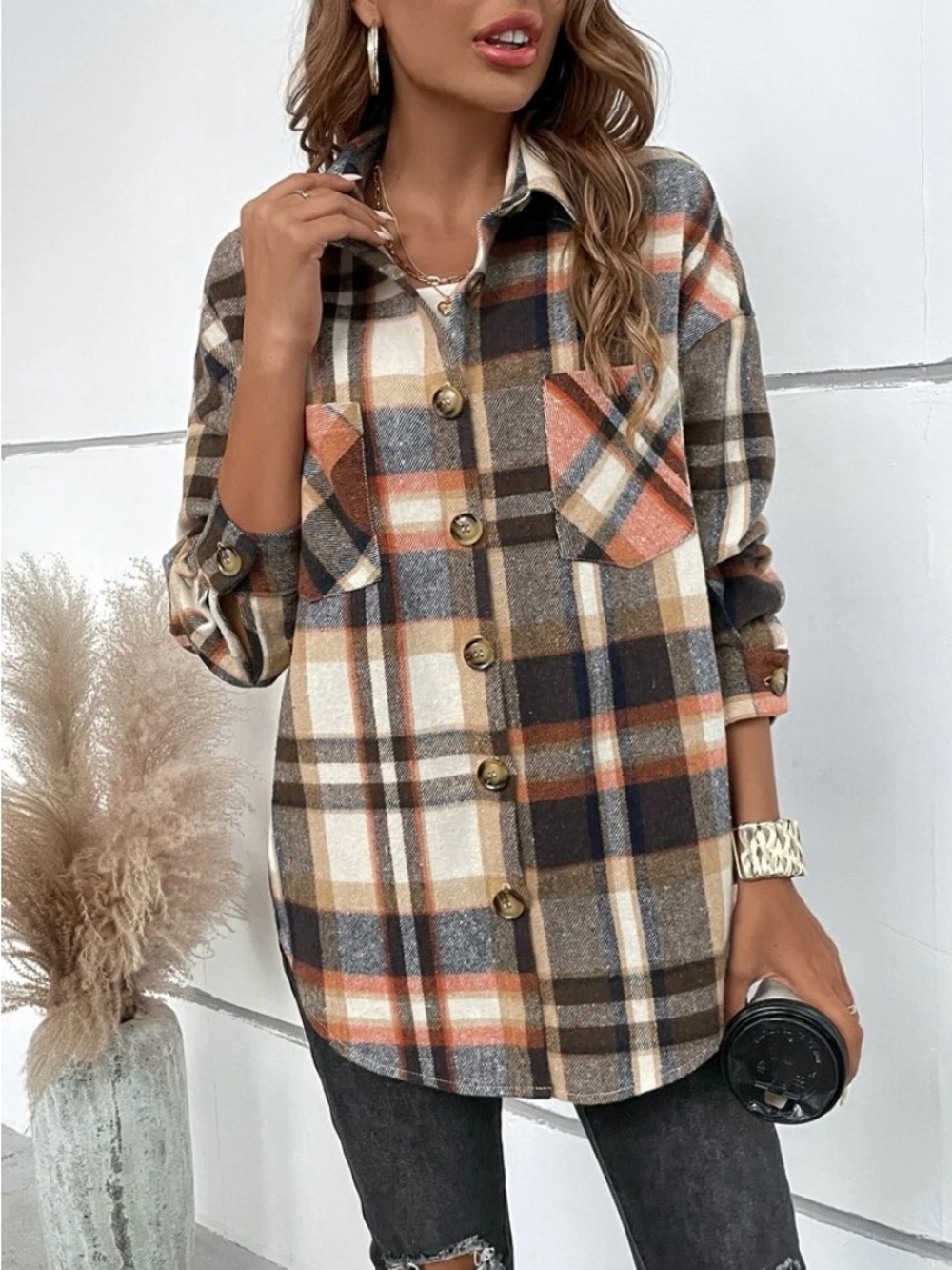 Shein Plaid Flannel Shacket - Browns & Navy